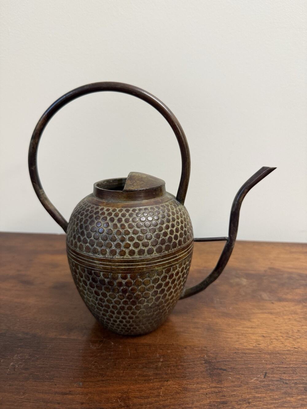 Vintage Hammered Brass Watering Can Decorative Verdigris Patina 8.25"